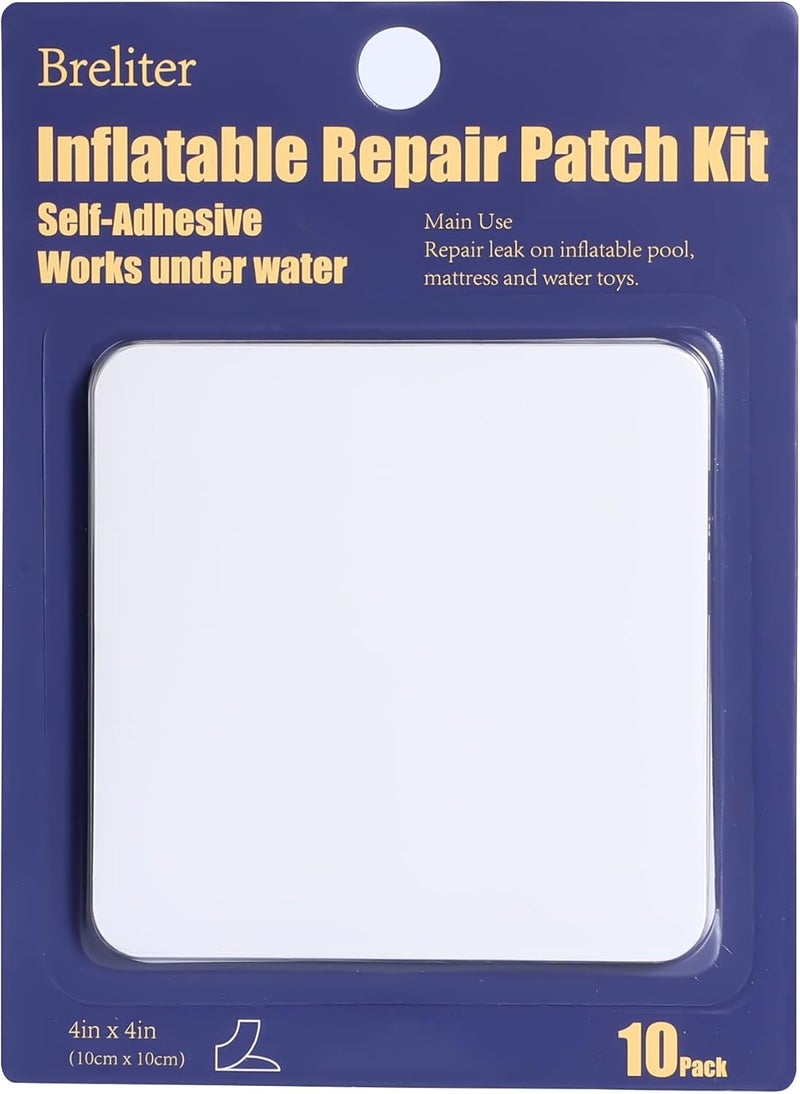 Breliter Inflatable Patch Repair Kit - Waterproof TPU Pool Repair Tape, Heavy Duty Repair Patch for Air Mattress, Bounce House, Inflatable Toys, Tent, Swimming Ring - 10 Packs of 4in x 4in, Square - Image 1